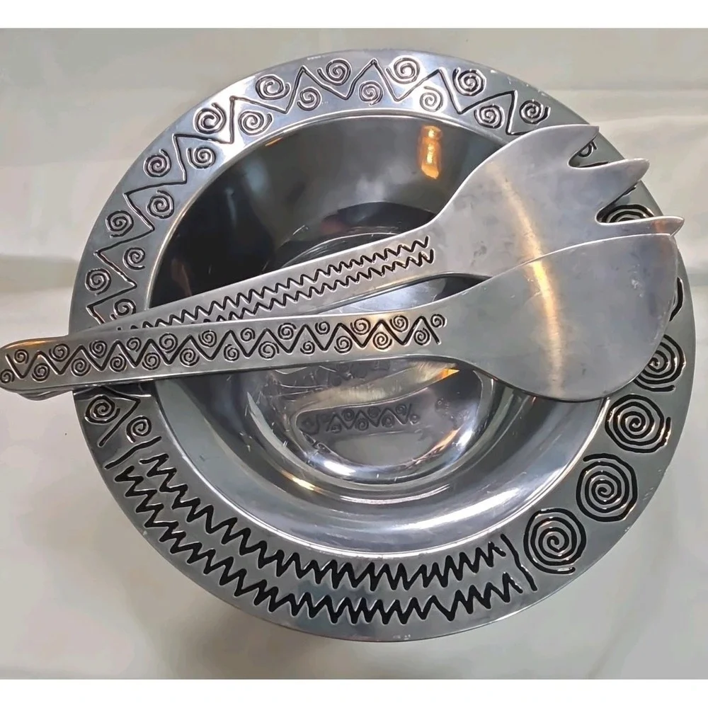 Wilton Armetale Serving Bowl & Salad Servers Set Silver Reggae Pattern